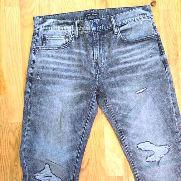 Lucky Brand men's Gray jeans fit acid wash patched/repaired knees size 32 - Picture 3 of 8